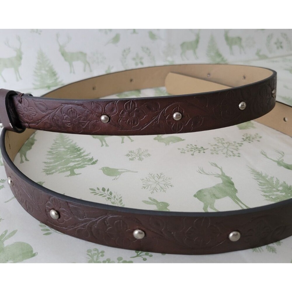 Women’s Boho Floral Studded Brown Belt Silver Horseshoe Buckle Adjustable 48”